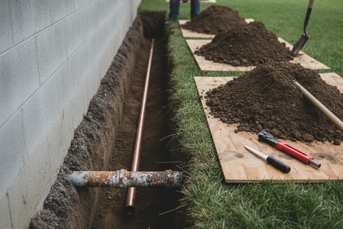 Excavated water line trench during Sewer Line Repair in Gardner